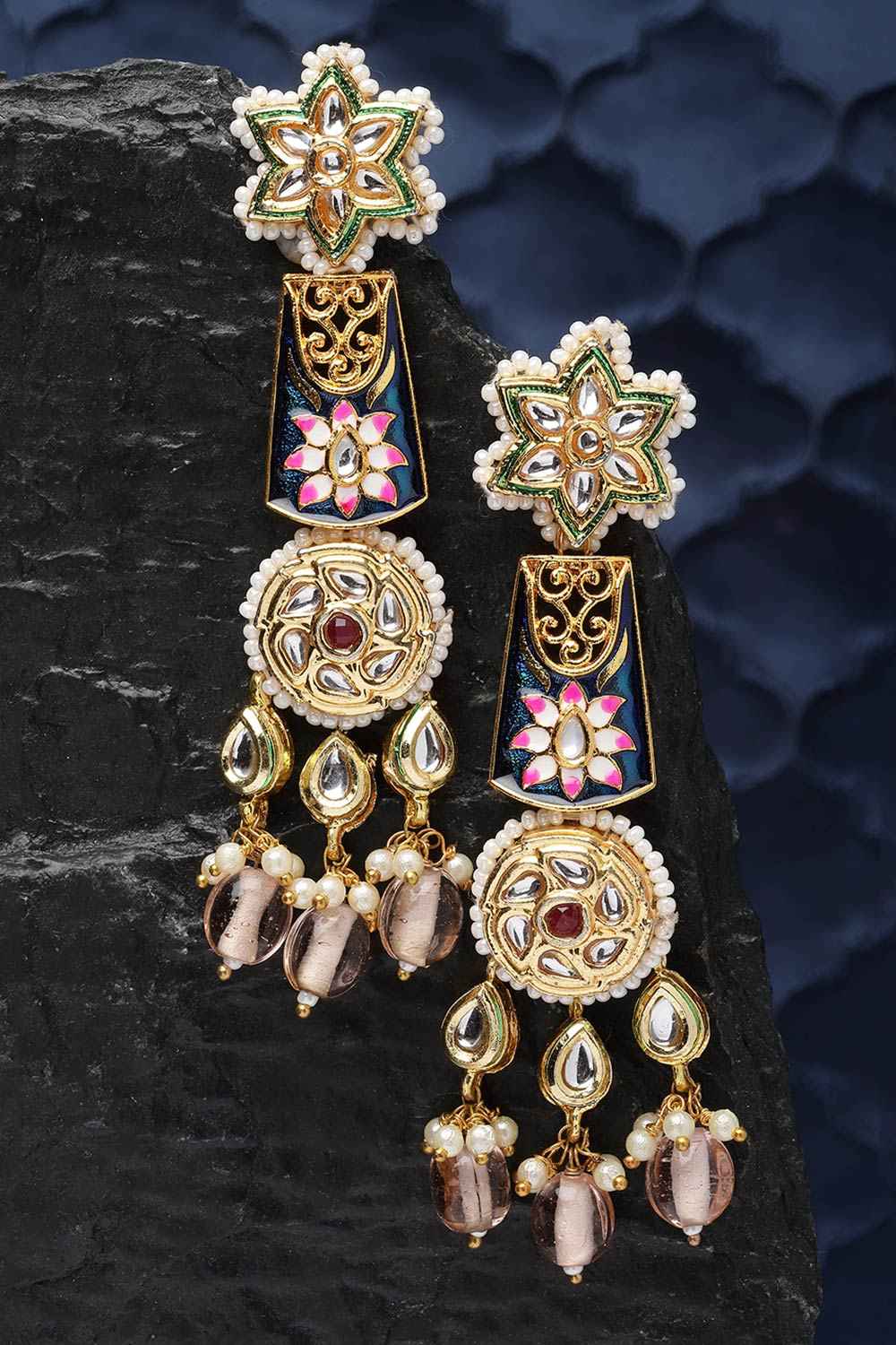 Navya Pink & Blue  Kundan with Pearls Drop Earring