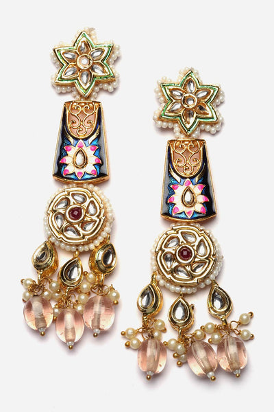 Navya Pink & Blue  Kundan with Pearls Drop Earring