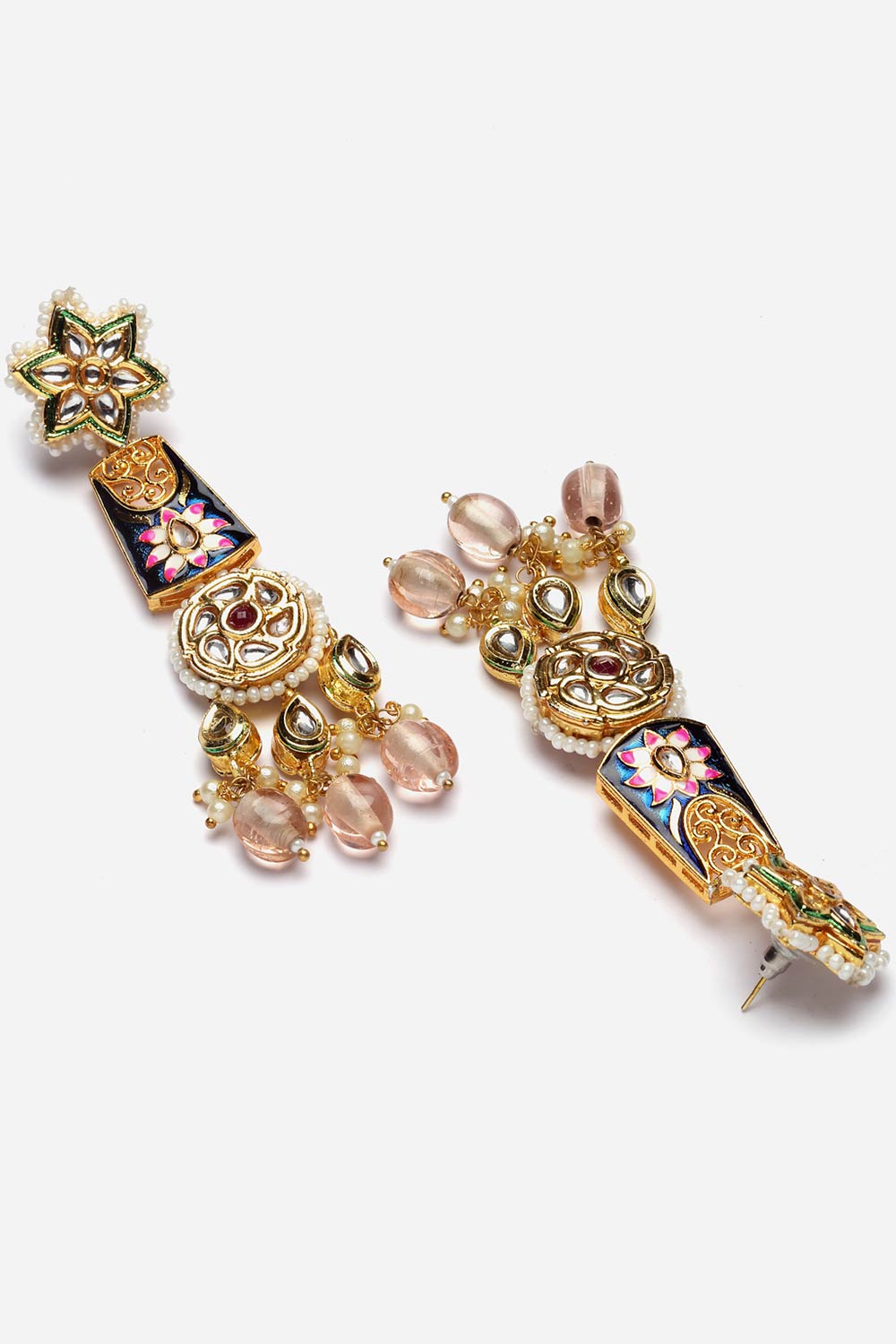 Navya Pink & Blue  Kundan with Pearls Drop Earring