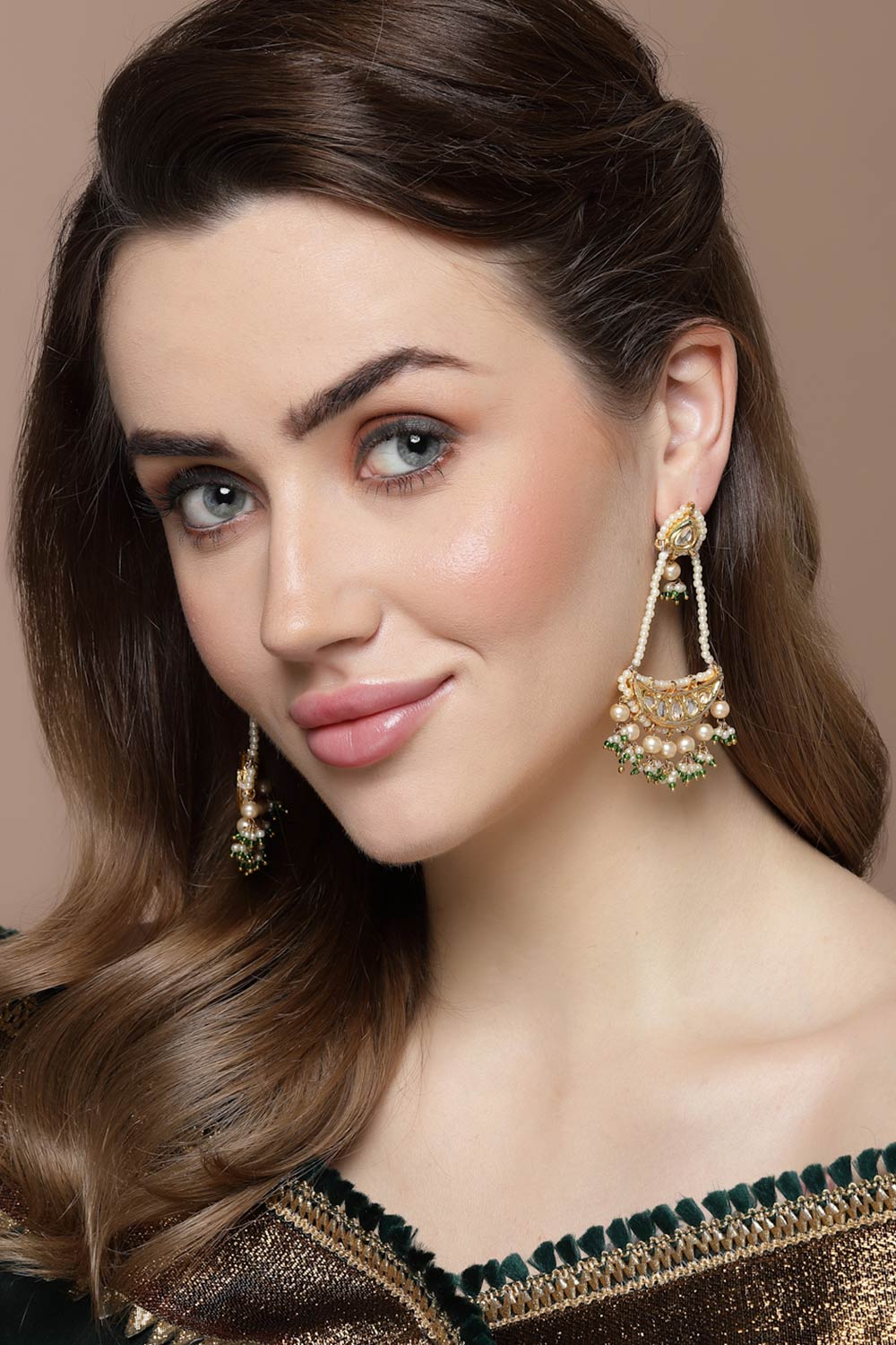 Tarali Green & Gold Kundan And Pearl Drop Earrings