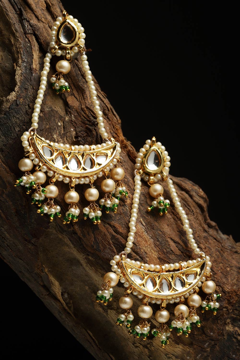 Tarali Green & Gold Kundan And Pearl Drop Earrings