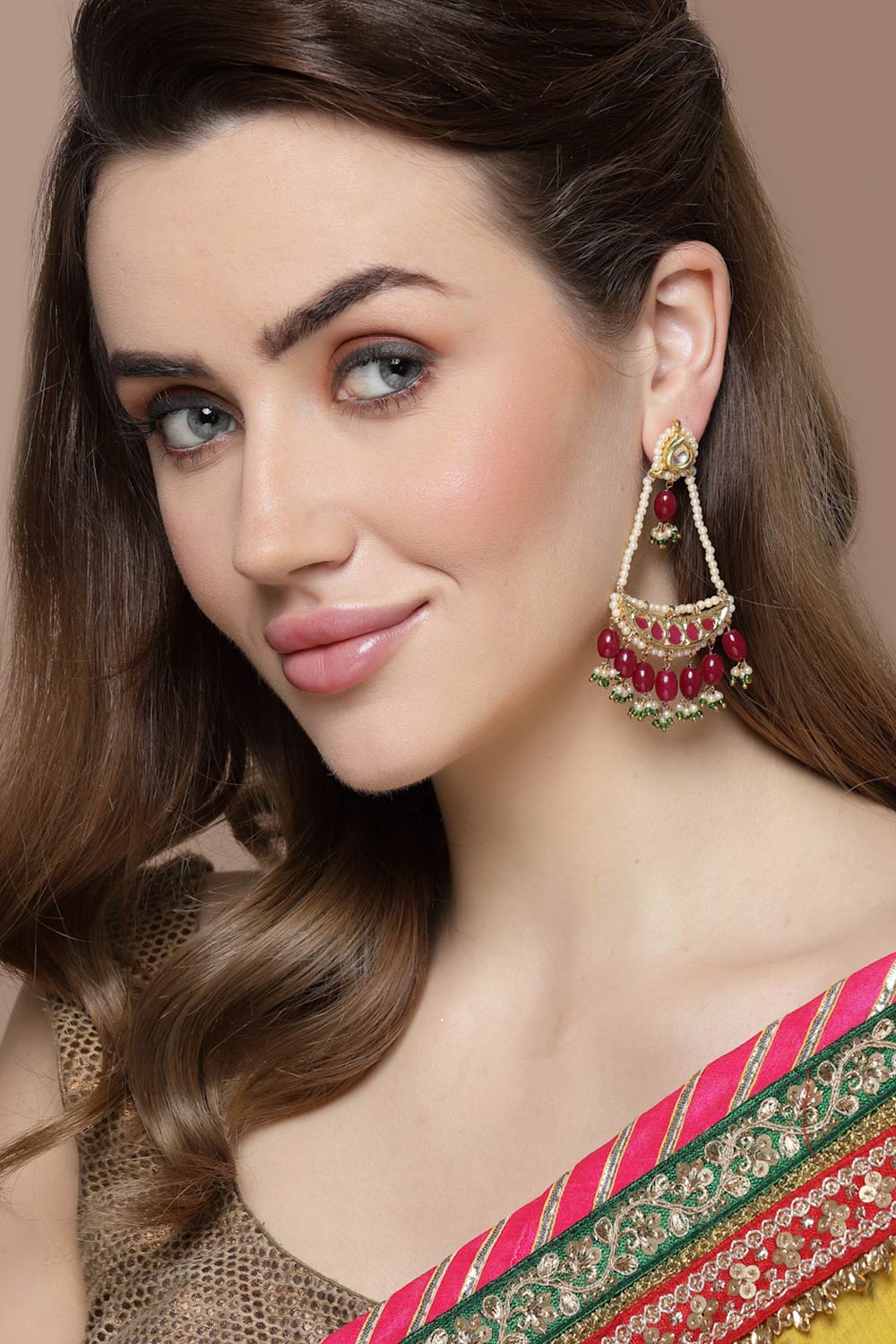 Shrisha Red & Green Natural Stone Kundan with Pearls Drop Earrings