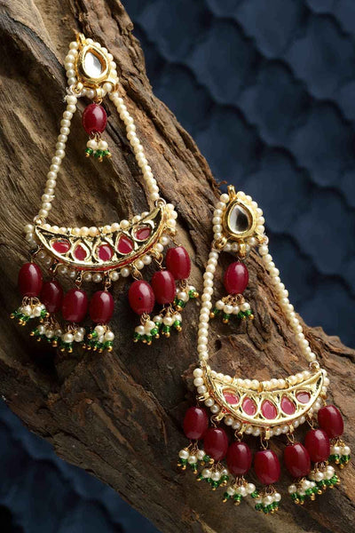 Shrisha Red & Green Natural Stone Kundan with Pearls Drop Earrings