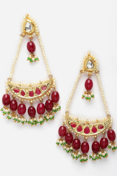 Shrisha Red & Green Natural Stone Kundan with Pearls Drop Earrings