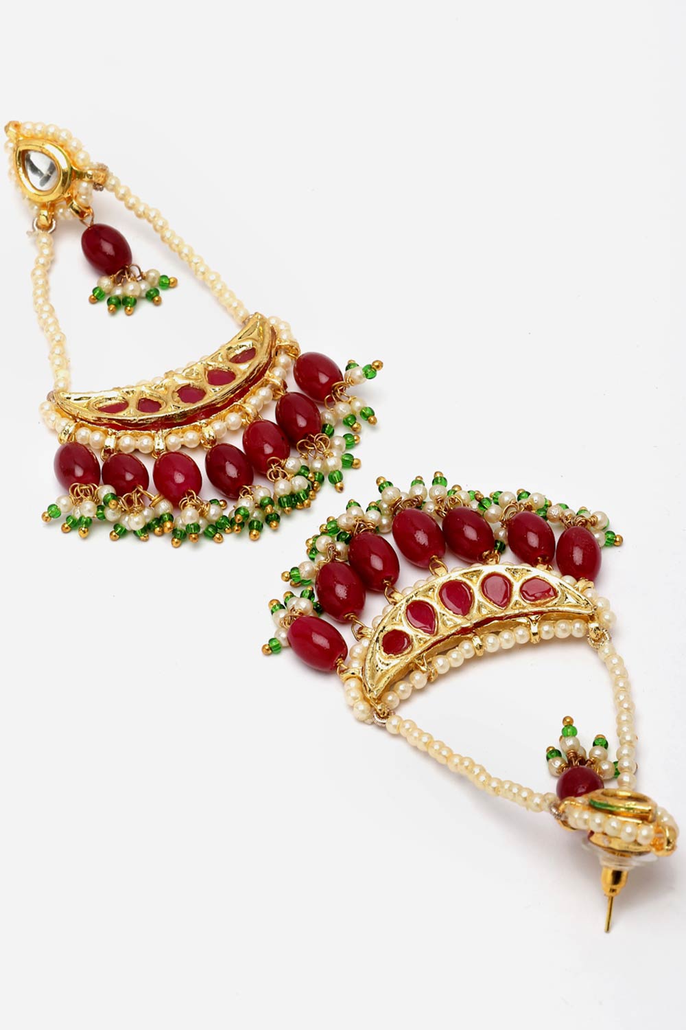 Shrisha Red & Green Natural Stone Kundan with Pearls Drop Earrings