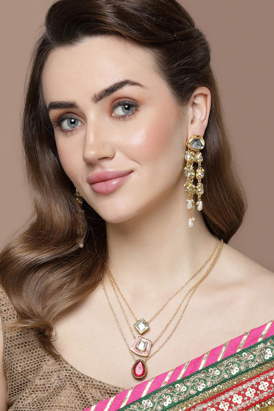 Halina Gold & White Kundan And Pearls Drop Earrings