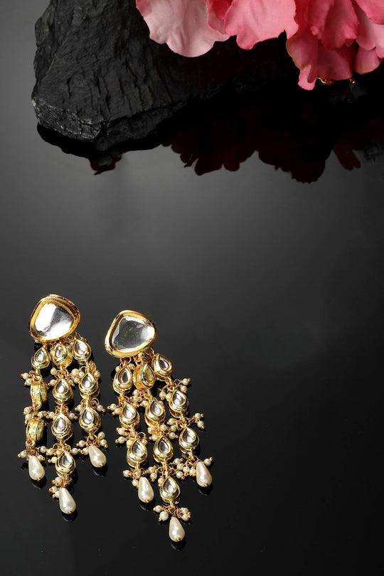 Halina Gold & White Kundan And Pearls Drop Earrings