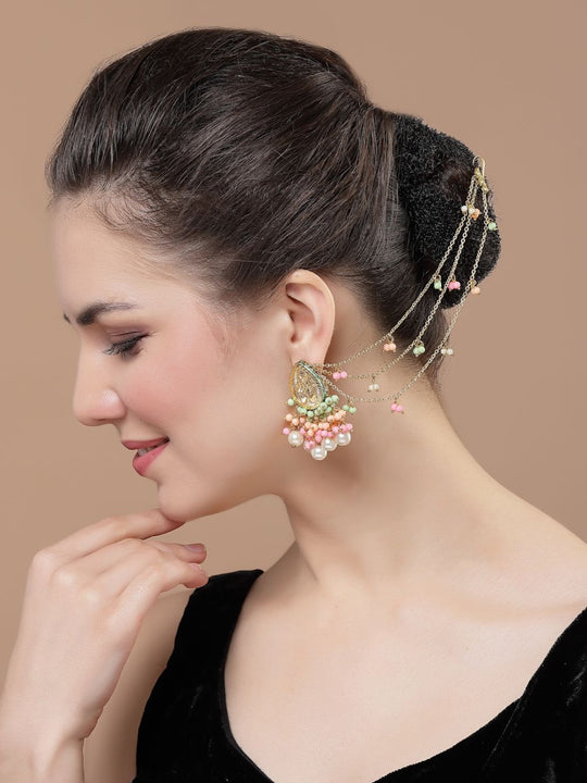 Kiara Pink & Peach Kundan with Pearls Drop Earrings with Hair Chain