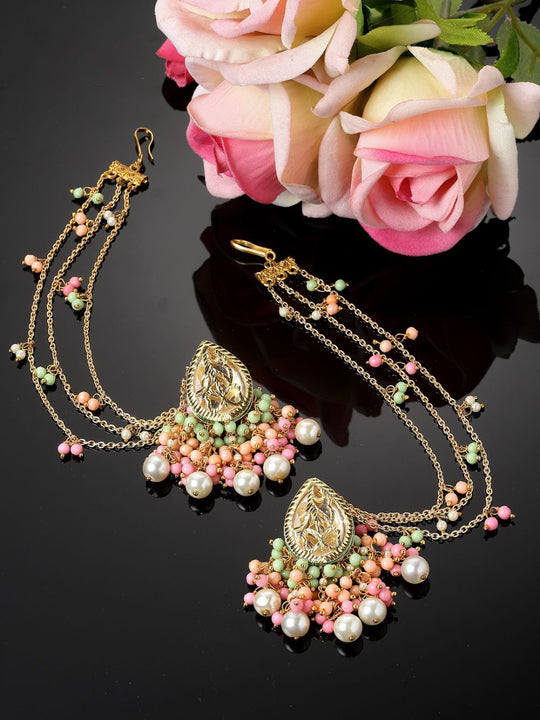 Kiara Pink & Peach Kundan with Pearls Drop Earrings with Hair Chain