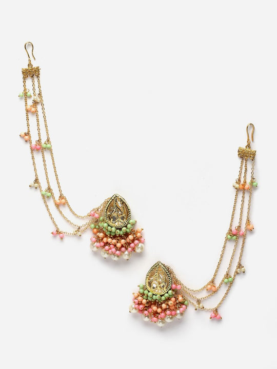 Kiara Pink & Peach Kundan with Pearls Drop Earrings with Hair Chain
