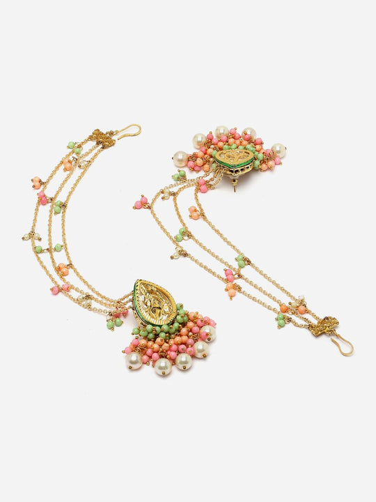 Kiara Pink & Peach Kundan with Pearls Drop Earrings with Hair Chain