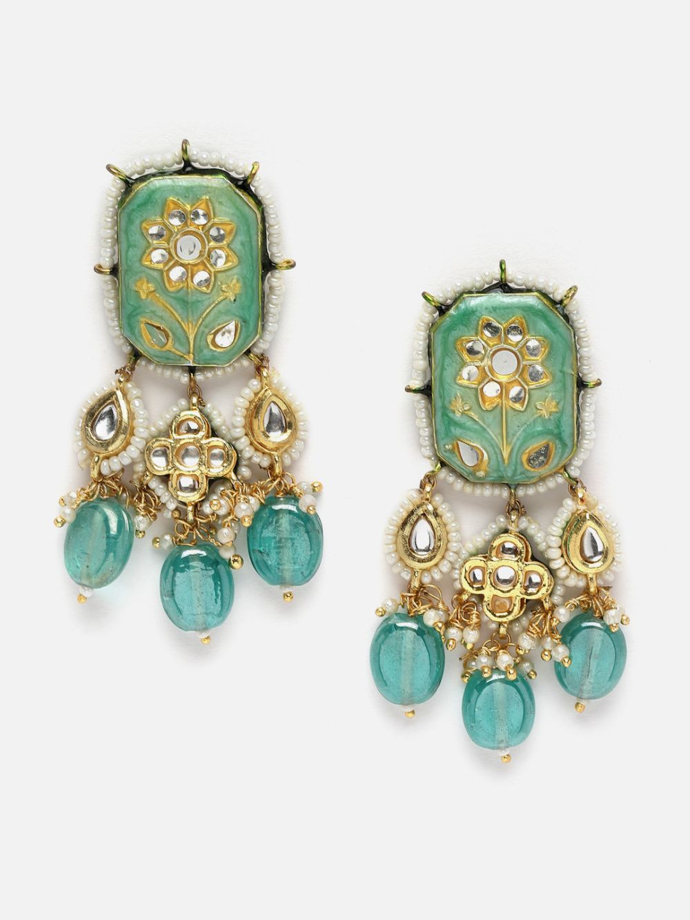 Monira Turquoise & Gold Kundan with Pearls Drop Earrings