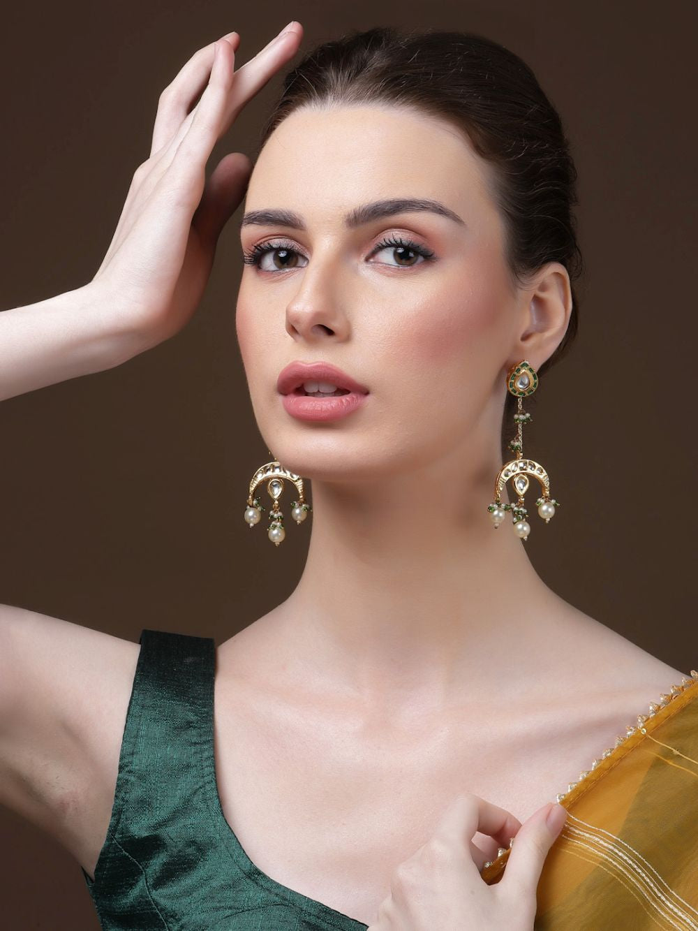 Soorya Green & Cream Kundan And Pearl Drop Earrings