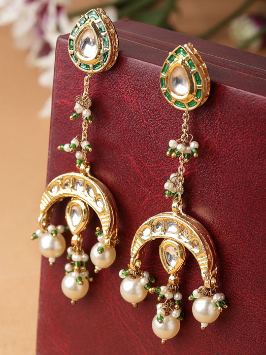 Soorya Green & Cream Kundan And Pearl Drop Earrings