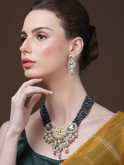 Alyona Silver & Blue Kundan with American Diamonds Drop Earrings