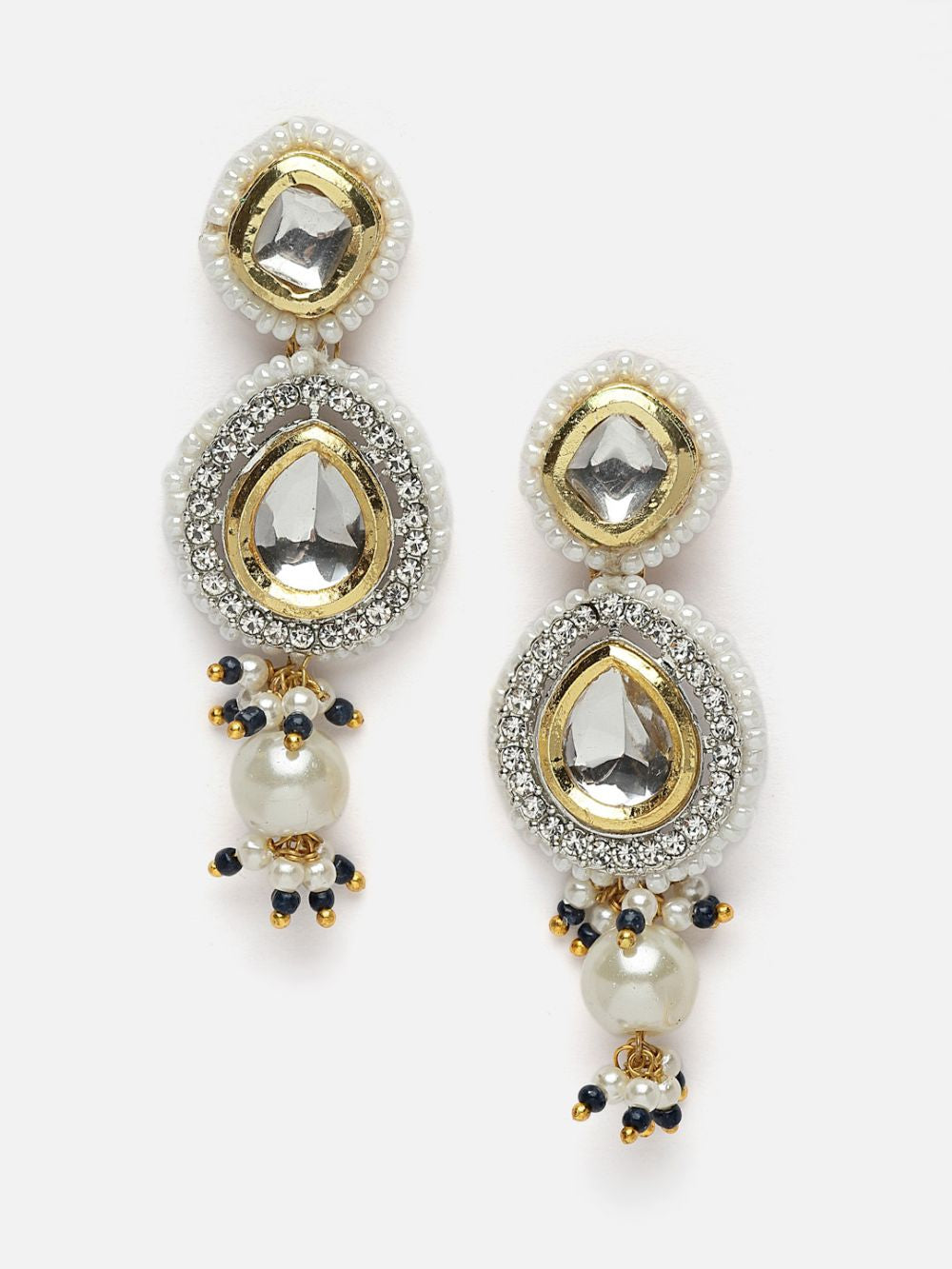 Alyona Silver & Blue Kundan with American Diamonds Drop Earrings