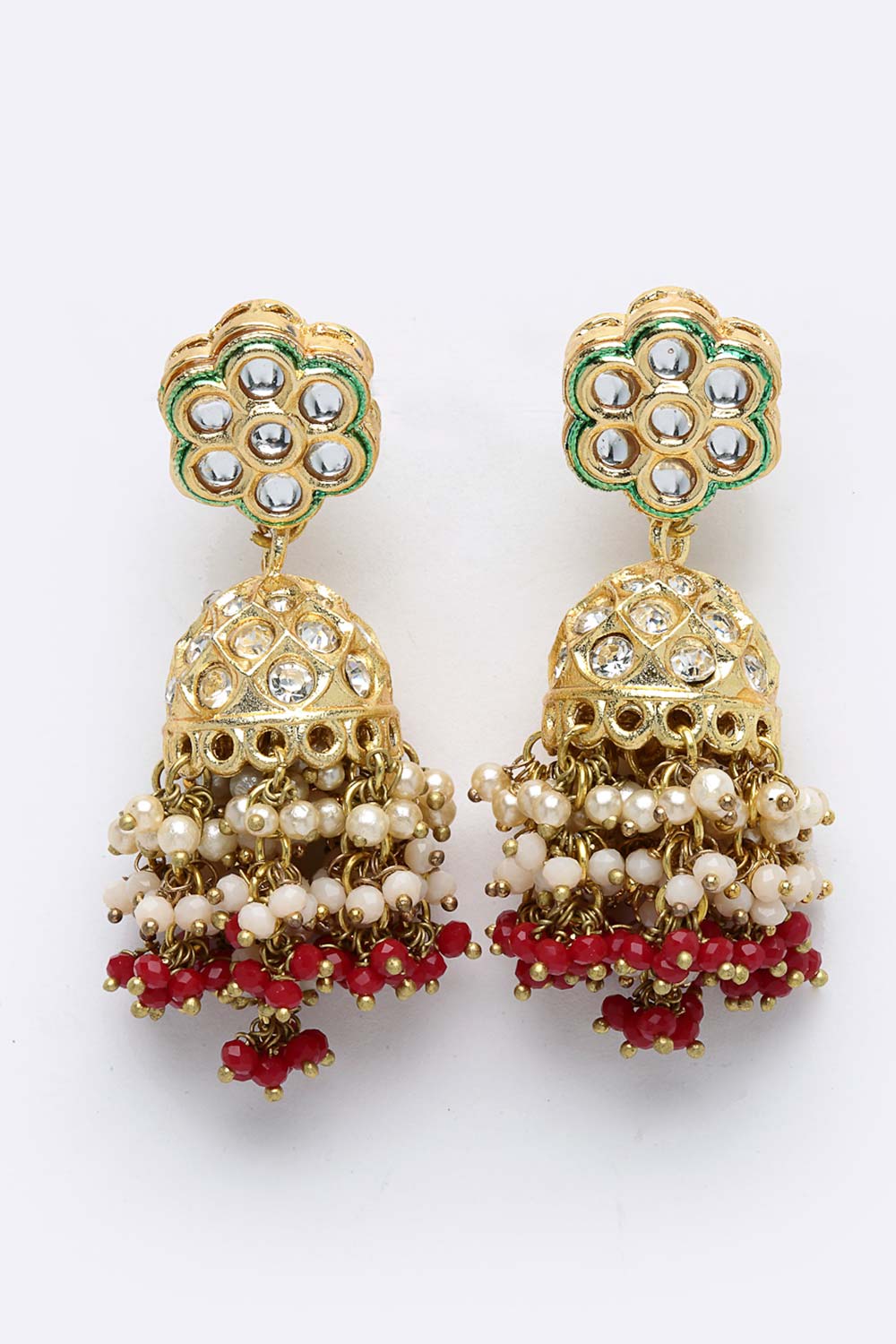 Robena Red Stone with Gold-Plated Kundan Diamonds & Pearls Jhumka Earrings
