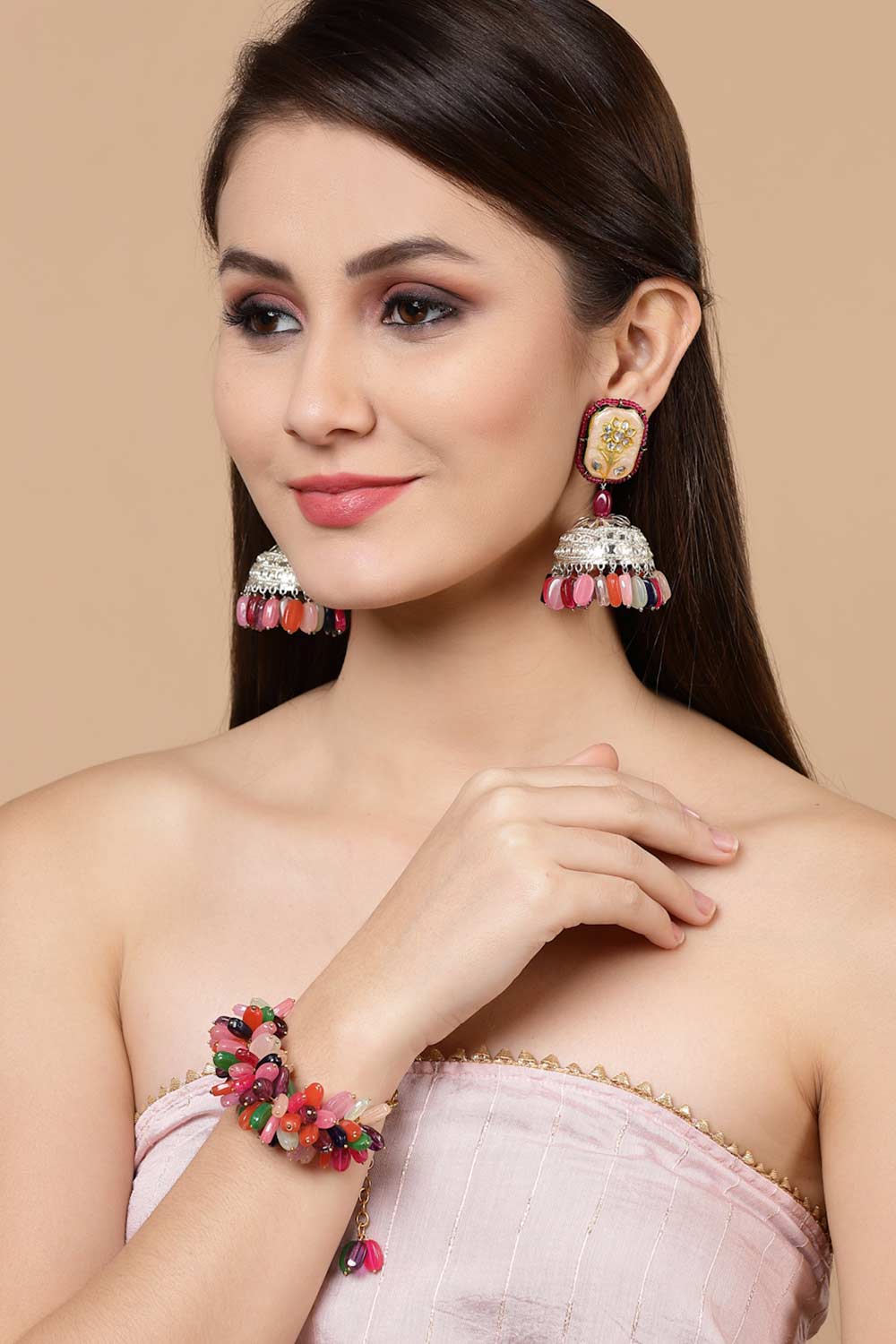 Liliana Pink & Peach Silver-Plated Kundan with Pearls Jhumka Earrings