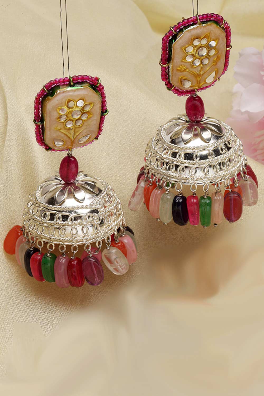 Liliana Pink & Peach Silver-Plated Kundan with Pearls Jhumka Earrings
