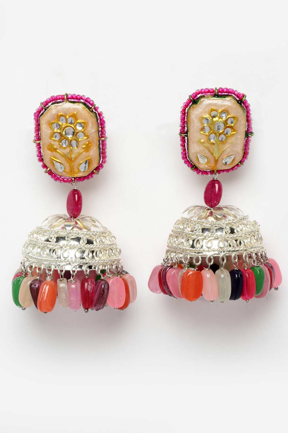 Liliana Pink & Peach Silver-Plated Kundan with Pearls Jhumka Earrings