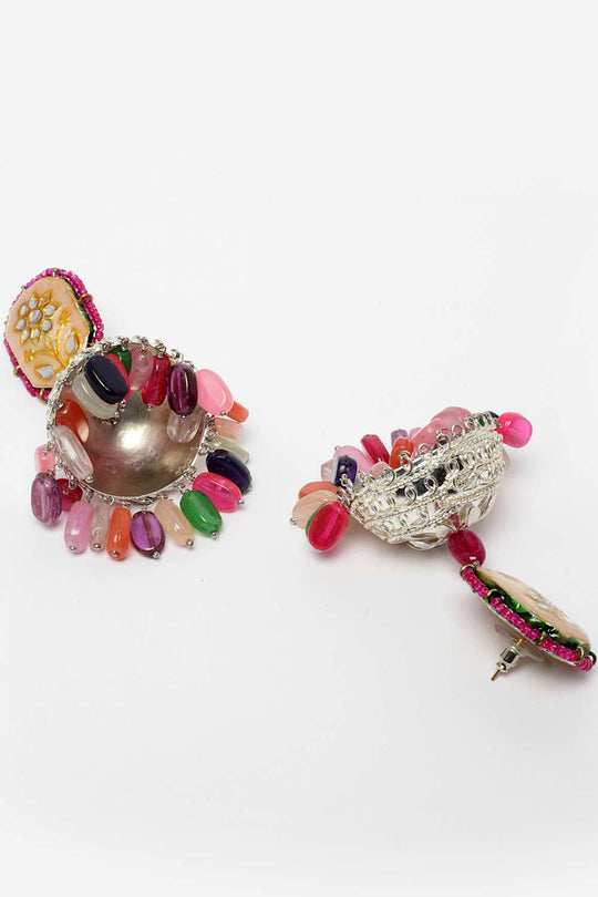 Liliana Pink & Peach Silver-Plated Kundan with Pearls Jhumka Earrings