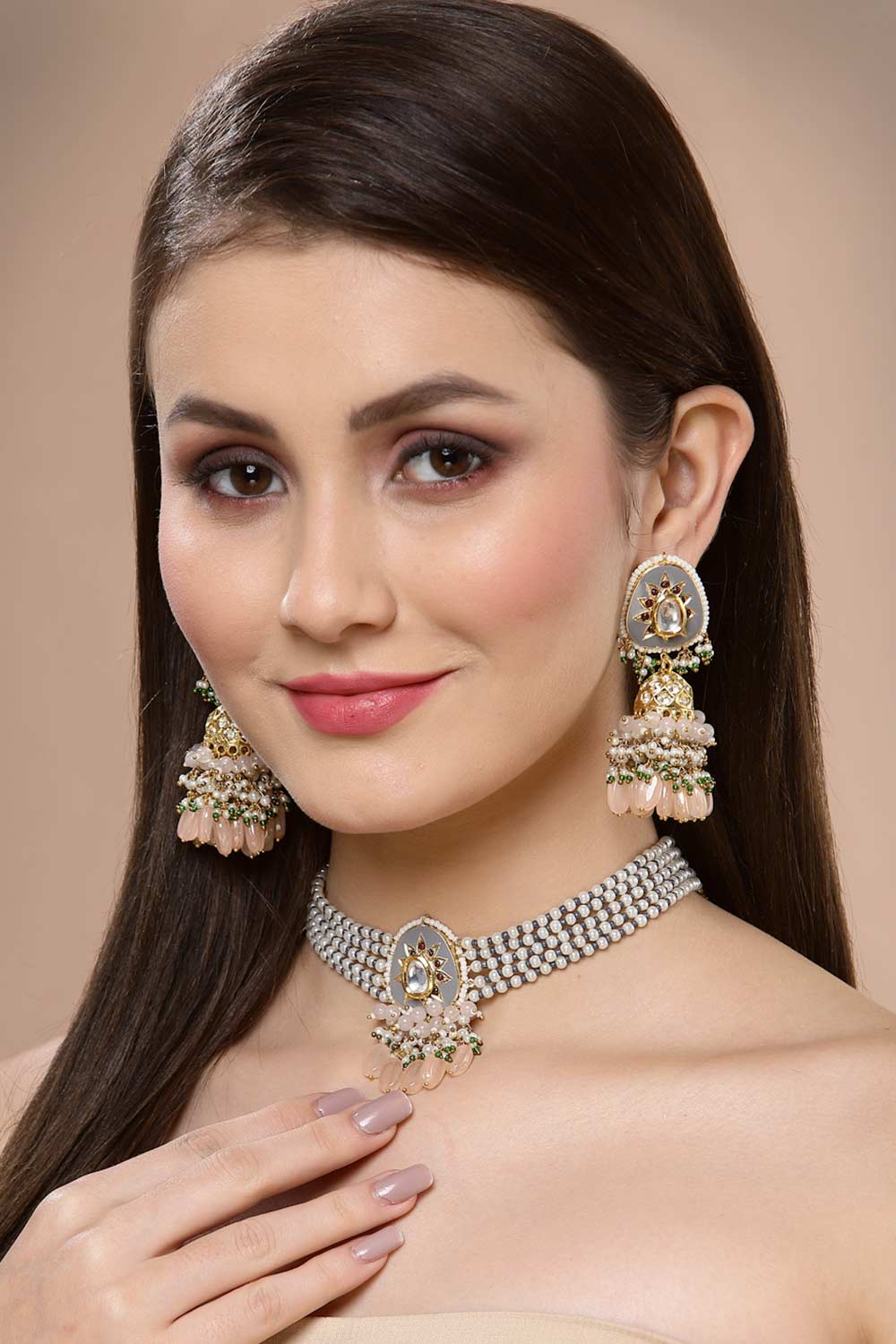 Ilena Pink & Grey Gold-Plated Kundan with American Diamonds Jhumka Earrings