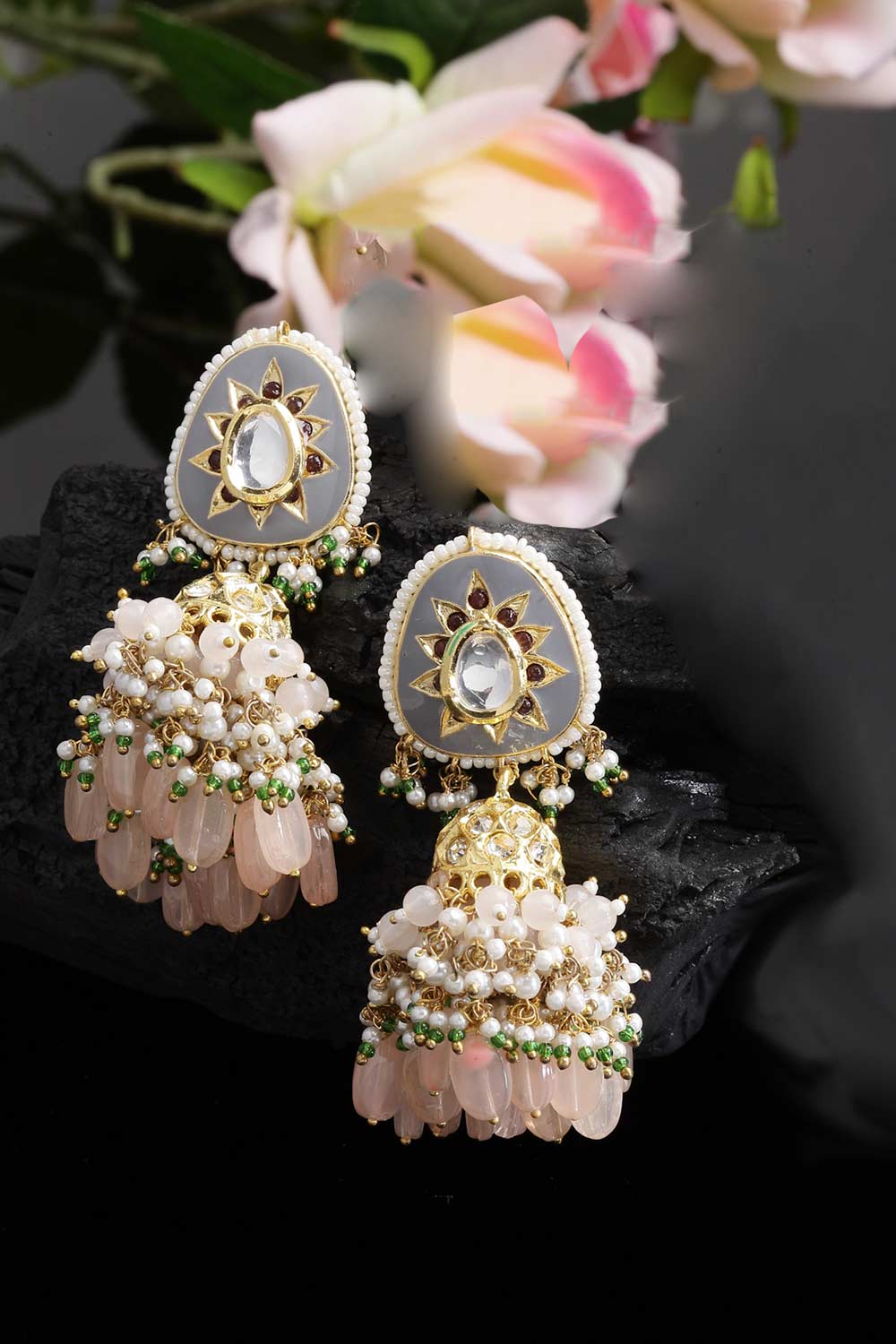 Ilena Pink & Grey Gold-Plated Kundan with American Diamonds Jhumka Earrings