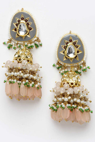 Ilena Pink & Grey Gold-Plated Kundan with American Diamonds Jhumka Earrings