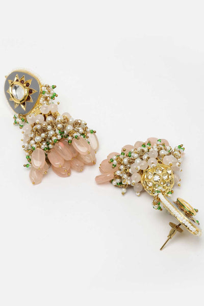 Ilena Pink & Grey Gold-Plated Kundan with American Diamonds Jhumka Earrings