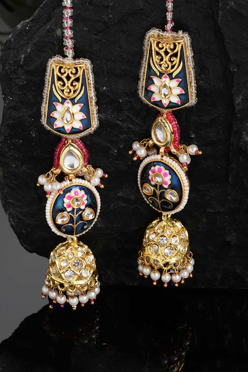 Neri Blue & Pink Kundan with American Diamonds Jhumka Earrings with Hair Chain
