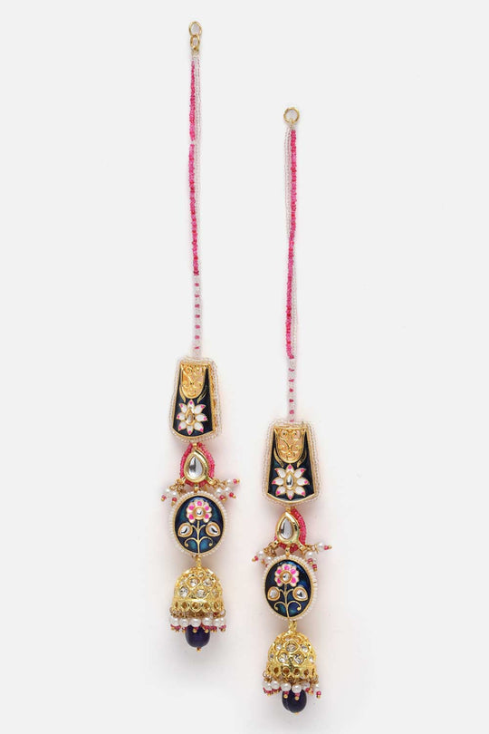 Neri Blue & Pink Kundan with American Diamonds Jhumka Earrings with Hair Chain