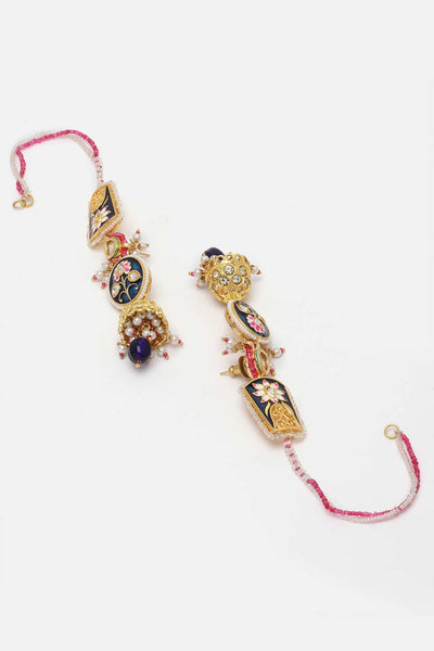 Neri Blue & Pink Kundan with American Diamonds Jhumka Earrings with Hair Chain