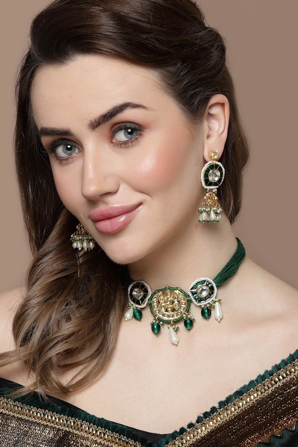 Cerah Dark Green & Gold Kundan with Pearls Jhumka Earrings
