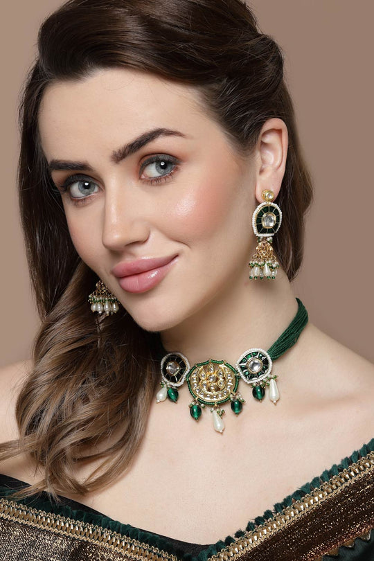 Cerah Dark Green & Gold Kundan with Pearls Jhumka Earrings