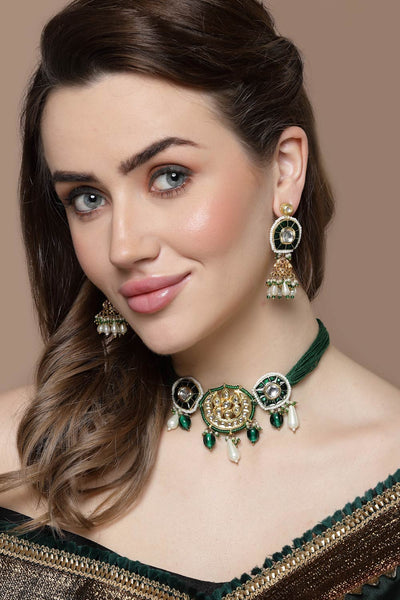 Cerah Dark Green & Gold Kundan with Pearls Jhumka Earrings