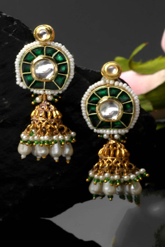 Cerah Dark Green & Gold Kundan with Pearls Jhumka Earrings