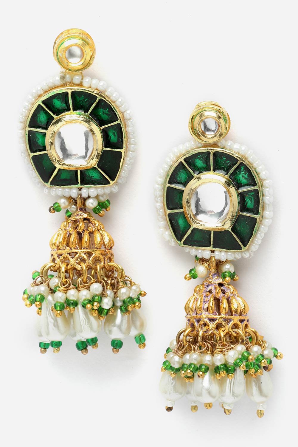 Cerah Dark Green & Gold Kundan with Pearls Jhumka Earrings