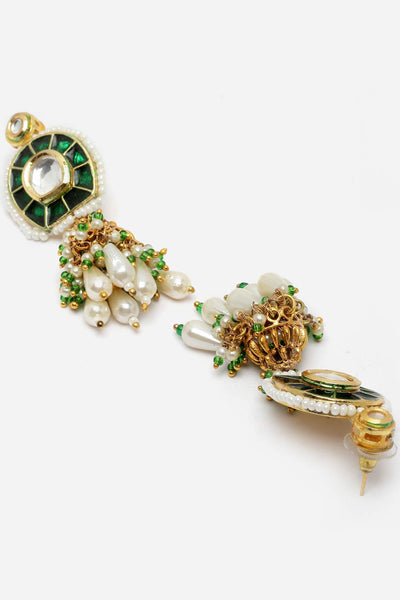 Cerah Dark Green & Gold Kundan with Pearls Jhumka Earrings
