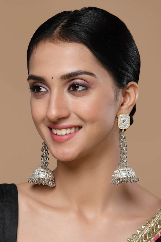 Alyona Silver & Gold American Diamonds with Pearls Jhumka Earrings