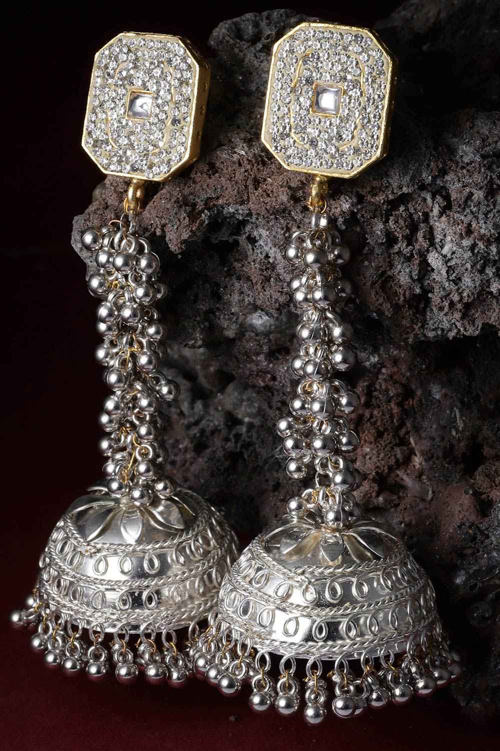 Alyona Silver & Gold American Diamonds with Pearls Jhumka Earrings