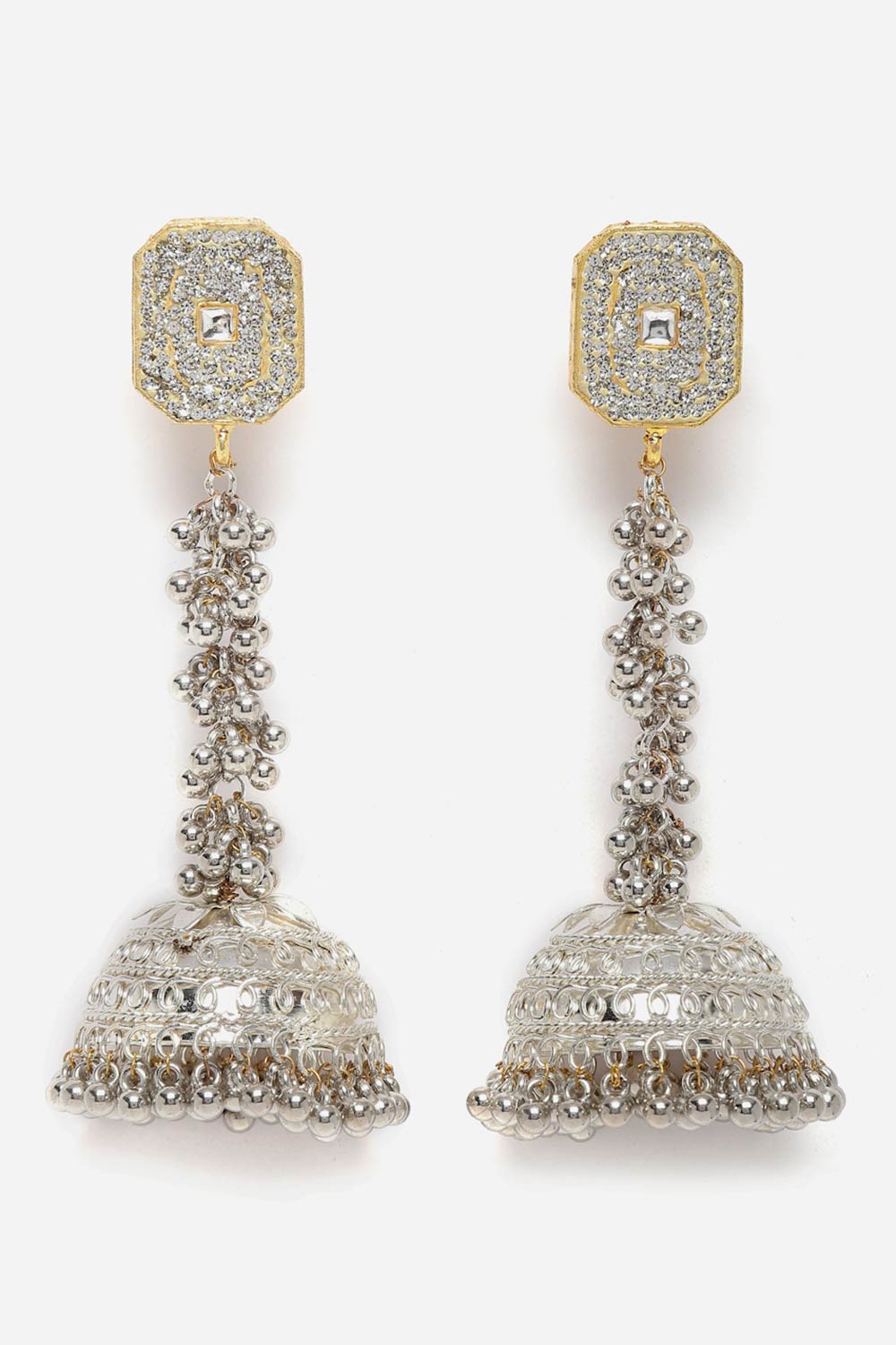 Alyona Silver & Gold American Diamonds with Pearls Jhumka Earrings