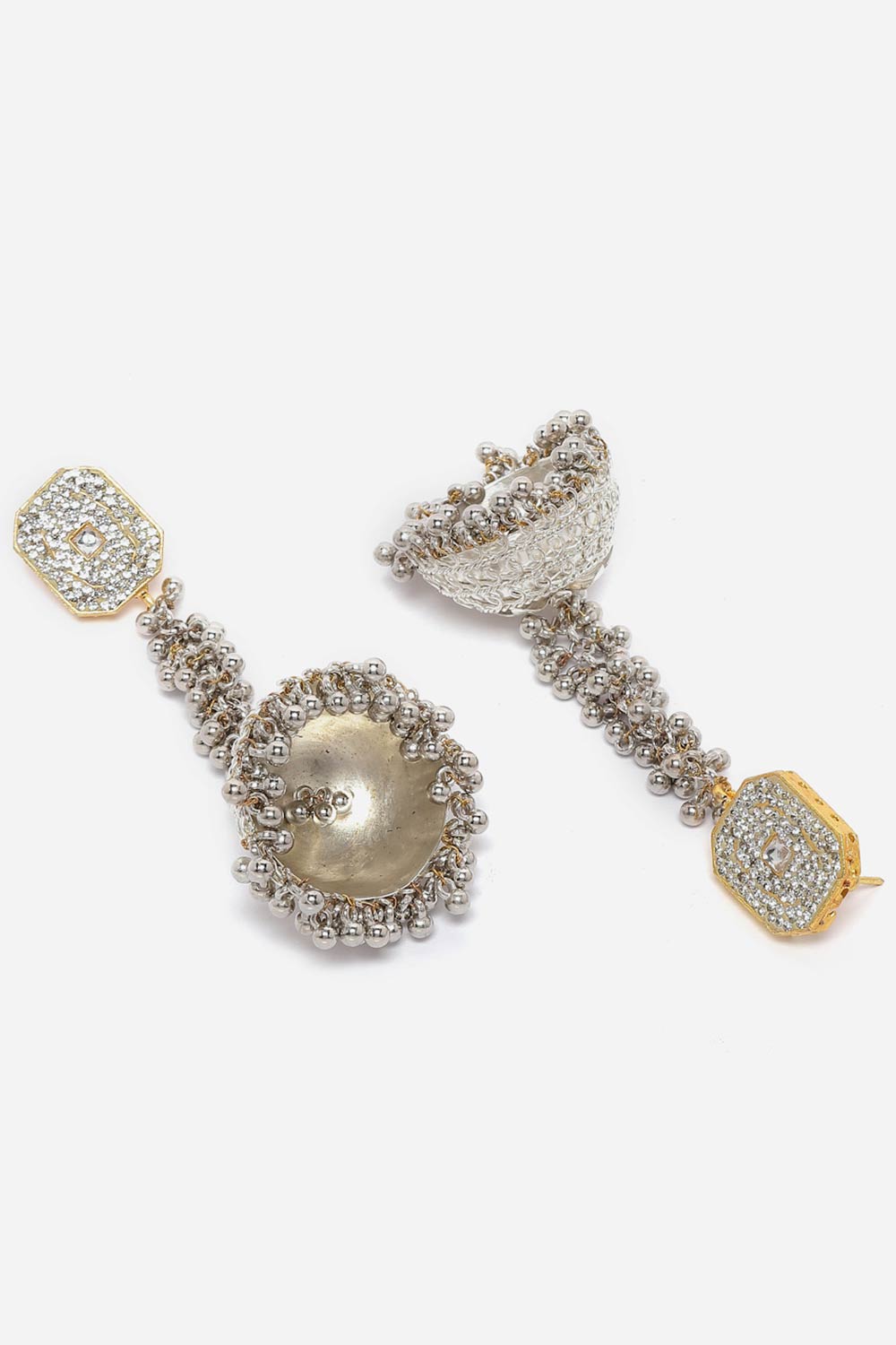 Alyona Silver & Gold American Diamonds with Pearls Jhumka Earrings