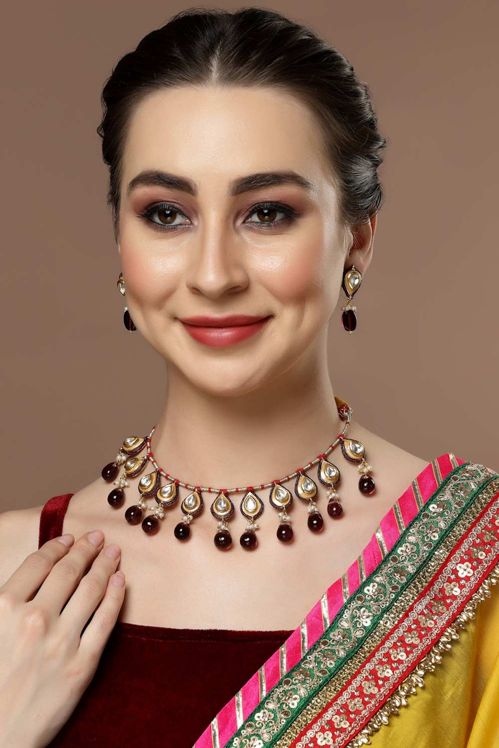 Marella Purple & Gold Kundan with Pearls Necklace and Earrings Set