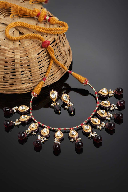 Marella Purple & Gold Kundan with Pearls Necklace and Earrings Set