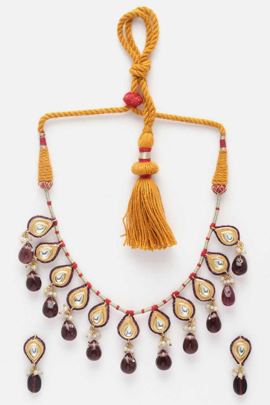 Marella Purple & Gold Kundan with Pearls Necklace and Earrings Set