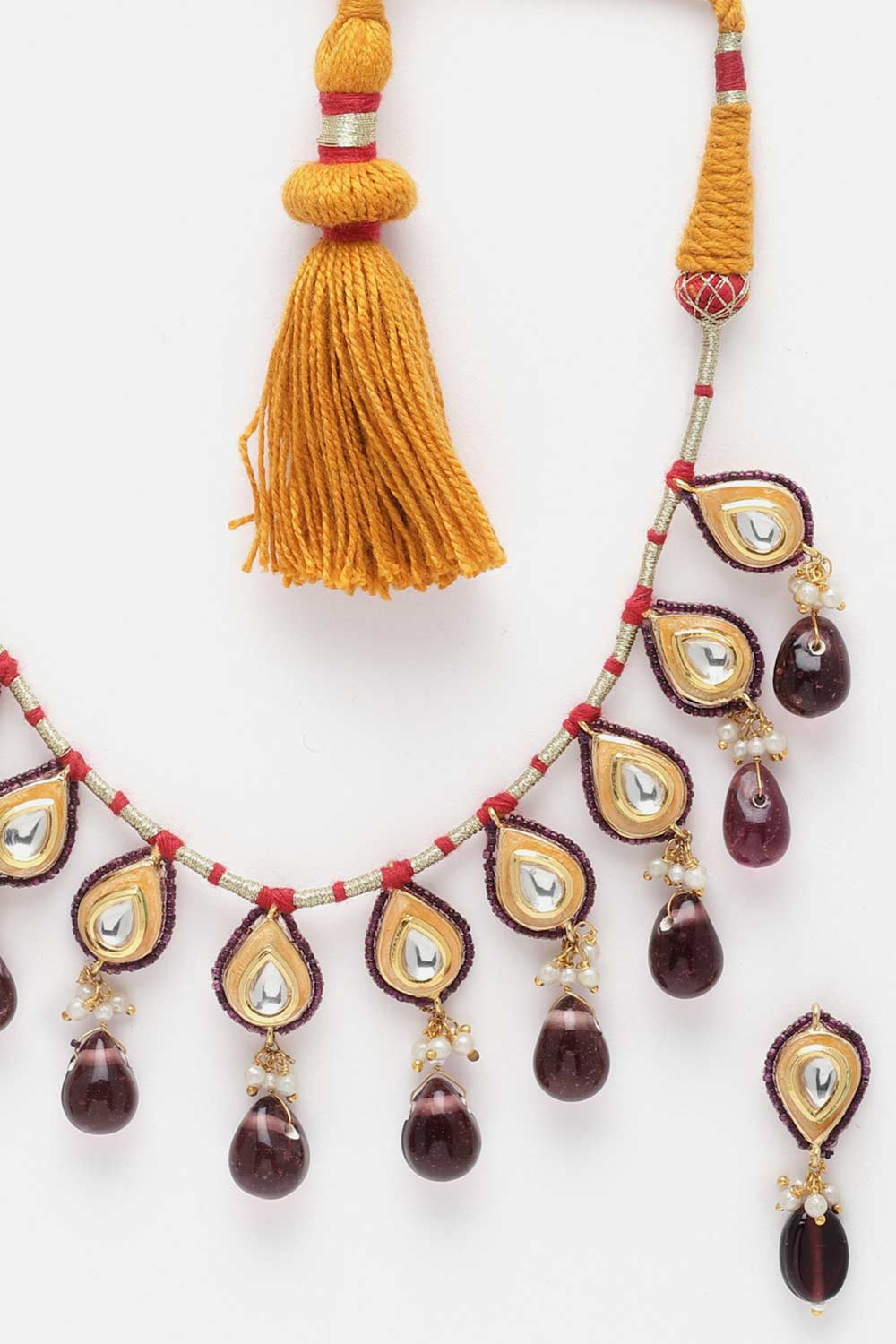 Marella Purple & Gold Kundan with Pearls Necklace and Earrings Set