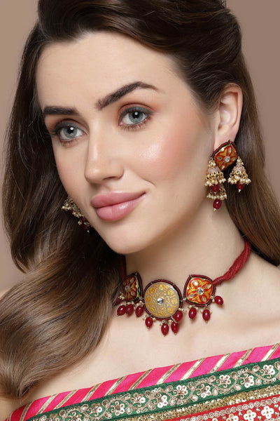 Arsheen Yellow & Orange Ceramic Kundan with Pearls Necklace and Earrings Set