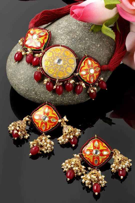 Arsheen Yellow & Orange Ceramic Kundan with Pearls Necklace and Earrings Set
