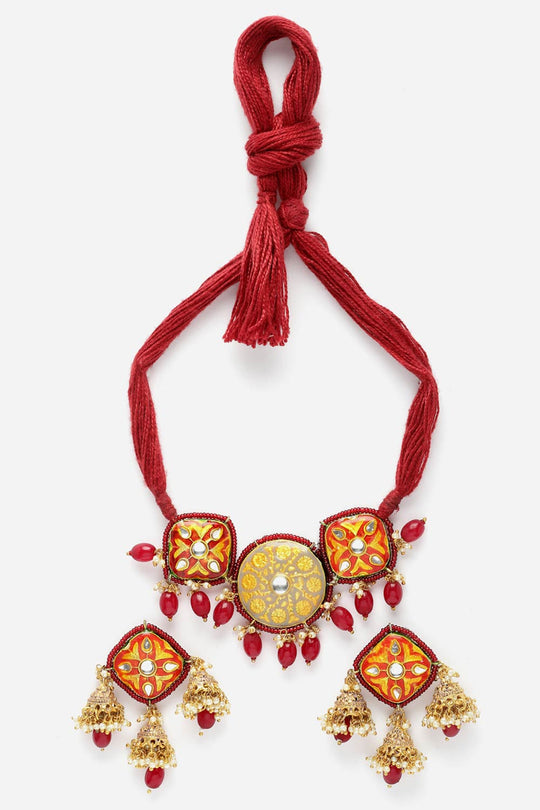 Arsheen Yellow & Orange Ceramic Kundan with Pearls Necklace and Earrings Set