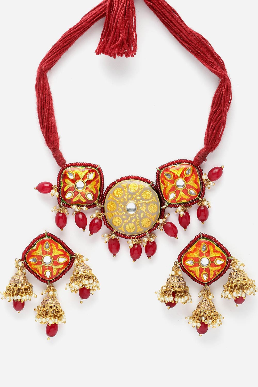 Arsheen Yellow & Orange Ceramic Kundan with Pearls Necklace and Earrings Set